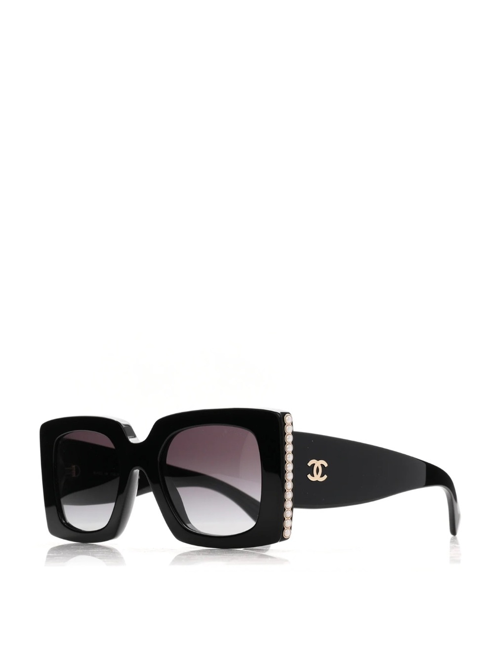 CHANEL Black Acetate Rectangle Sunglasses with Pearl, Gold CC Logo Pearl 5480-H